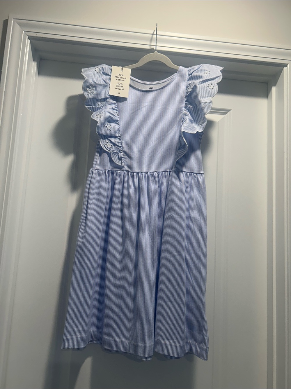 NWT cotton H&M Blue Striped Ruffle-Sleeve Girls Dress size 8/10